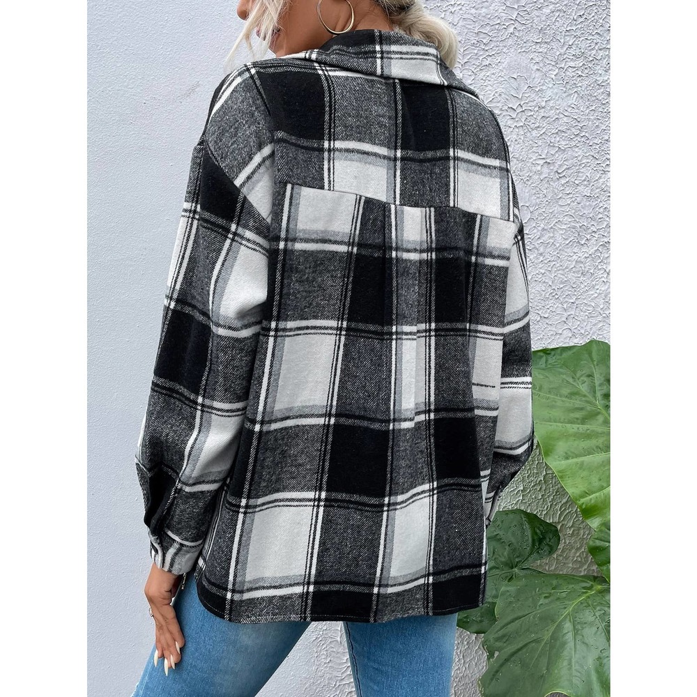 Plaid Flap Pocket boyfriend shacket trucker jacket navy blue tan white - Picture 14 of 16